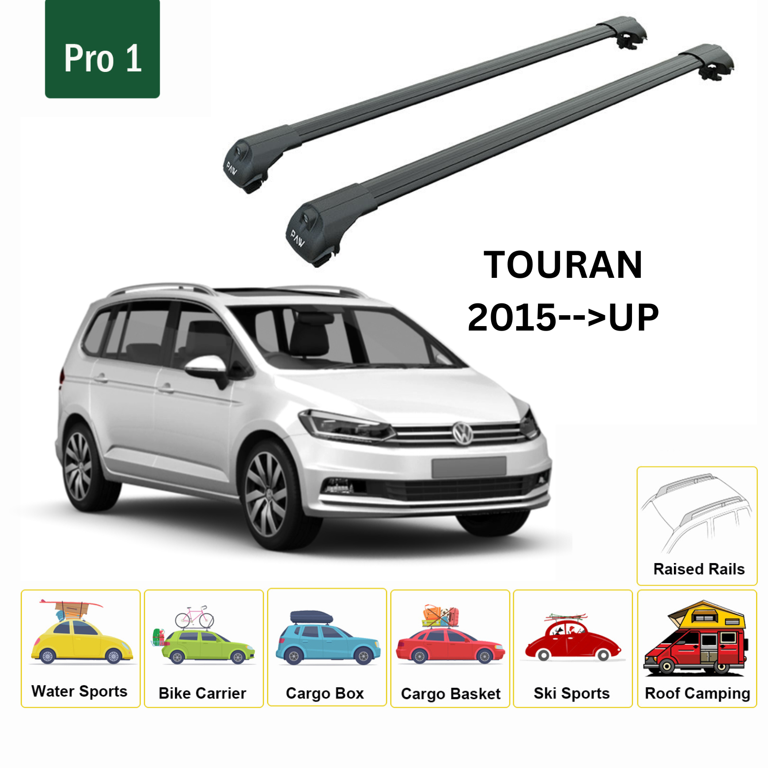 For Volkswagen Touran 2015--> Roof Rack System, Aluminium Cross Bar, Metal Bracket,Raised Rail, Black