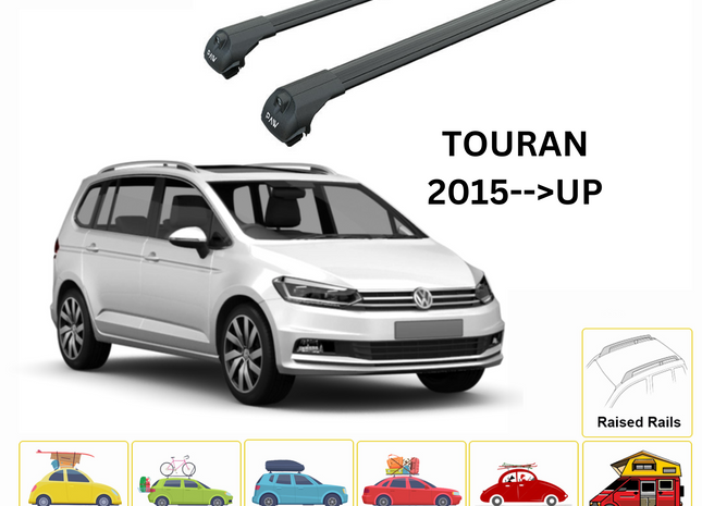 For Volkswagen Touran 2015--> Roof Rack System, Aluminium Cross Bar, Metal Bracket,Raised Rail, Black