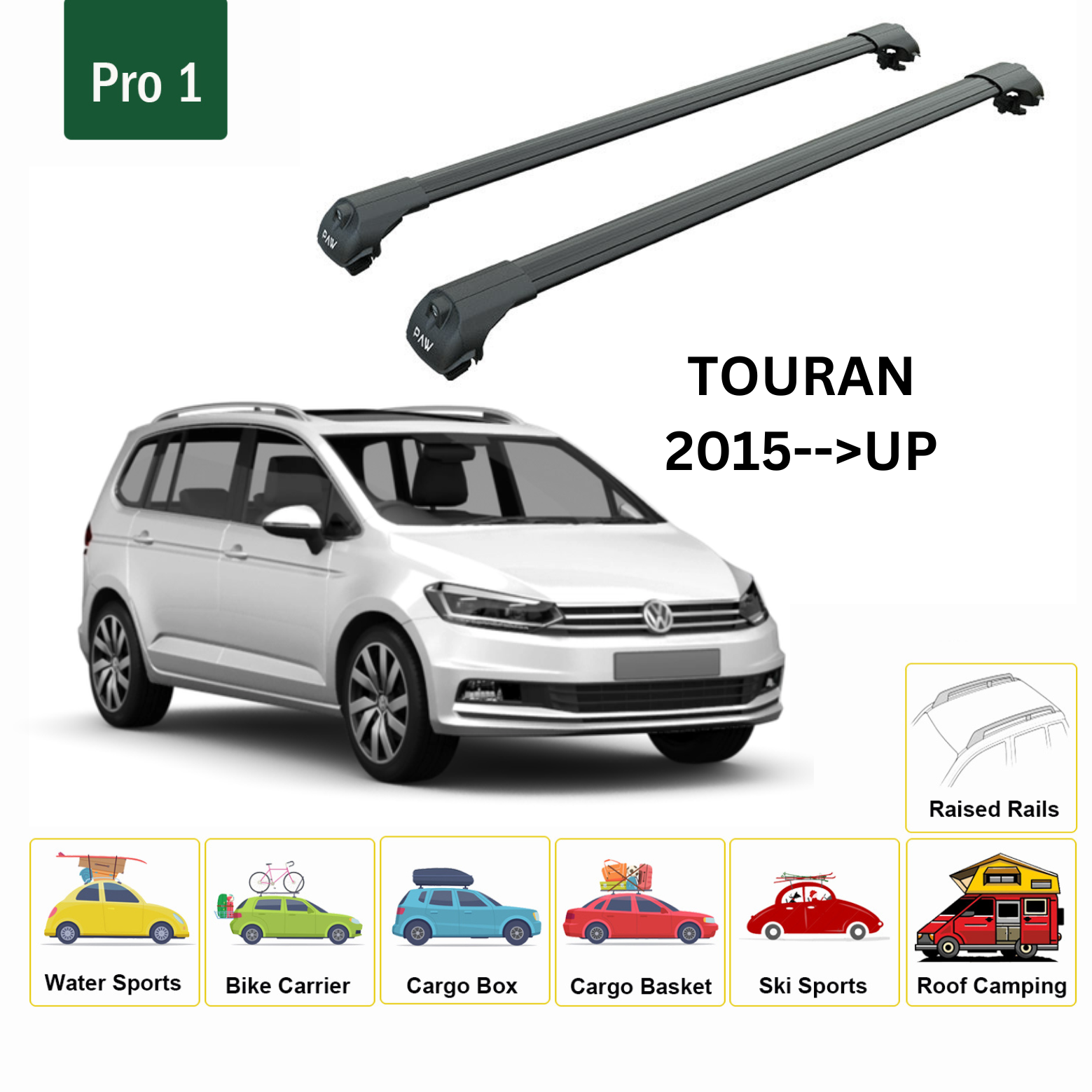 For Volkswagen Touran 2015--> Roof Rack System, Aluminium Cross Bar, Metal Bracket,Raised Rail, Black - 0