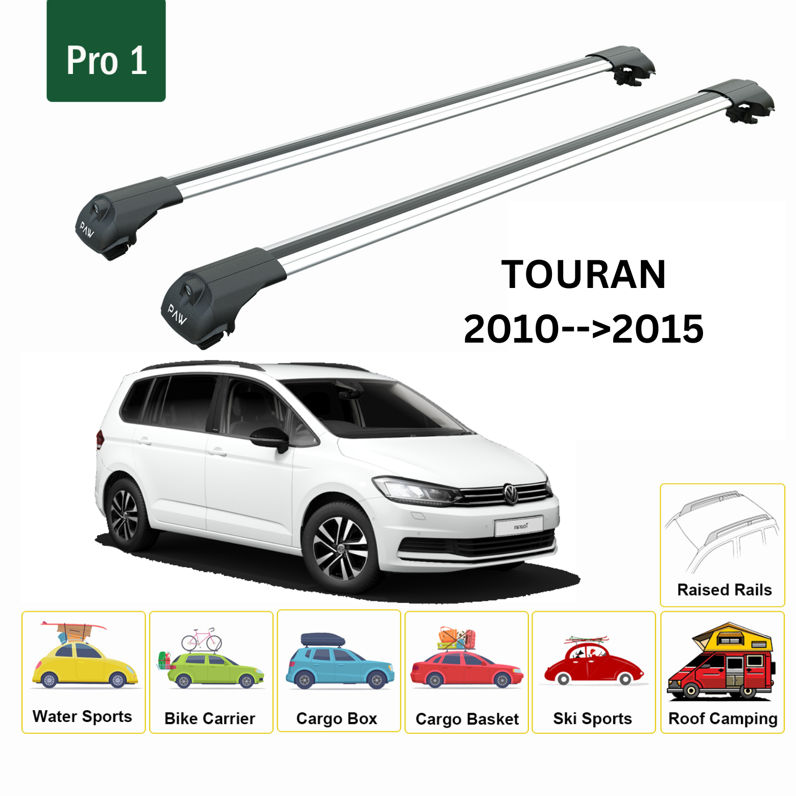 For Volkswagen Touran 2010-->2015 Roof Rack System, Aluminium Cross Bar, Metal Bracket,Raised Rail, Silver
