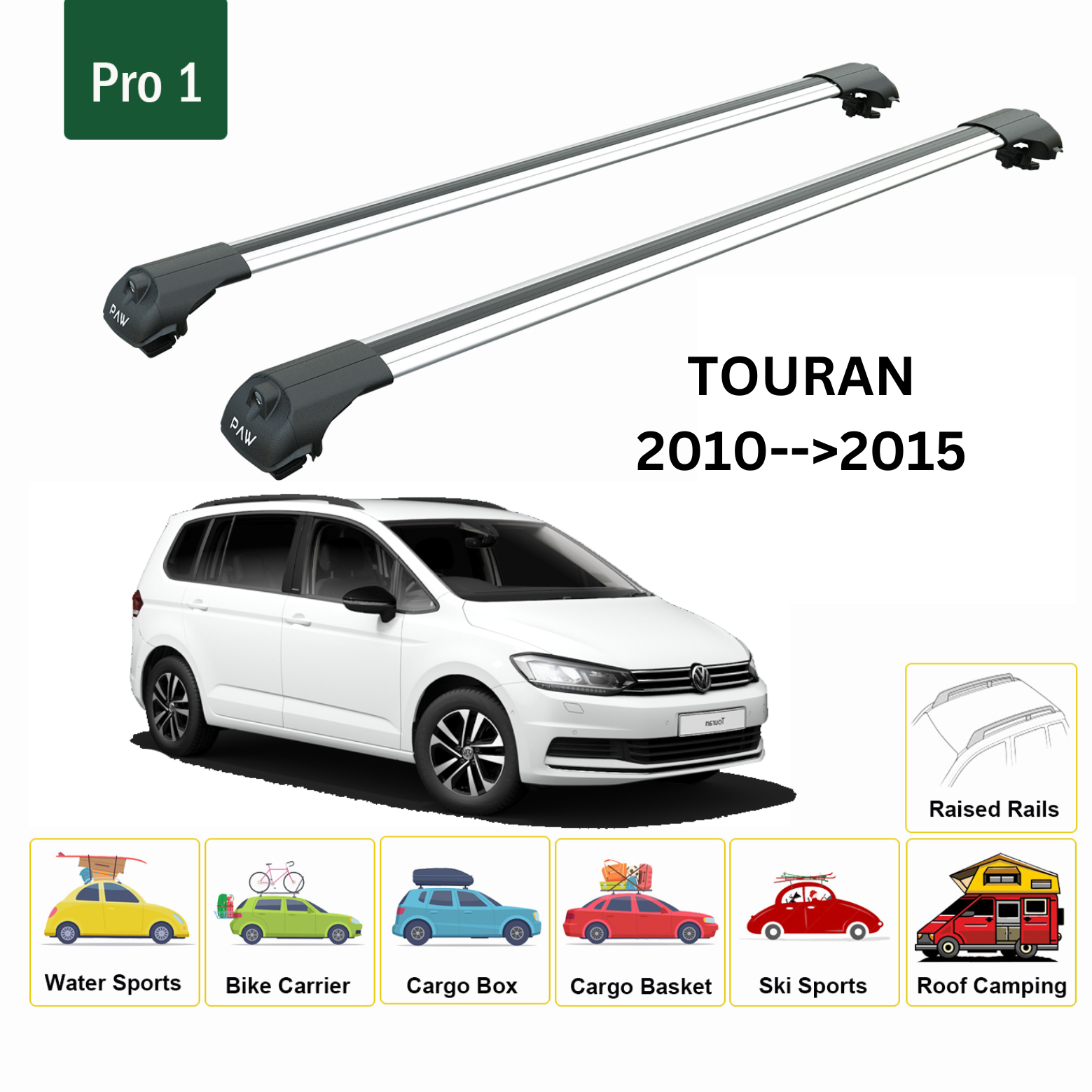 For Volkswagen Touran 2010-->2015 Roof Rack System, Aluminium Cross Bar, Metal Bracket,Raised Rail, Silver - 0