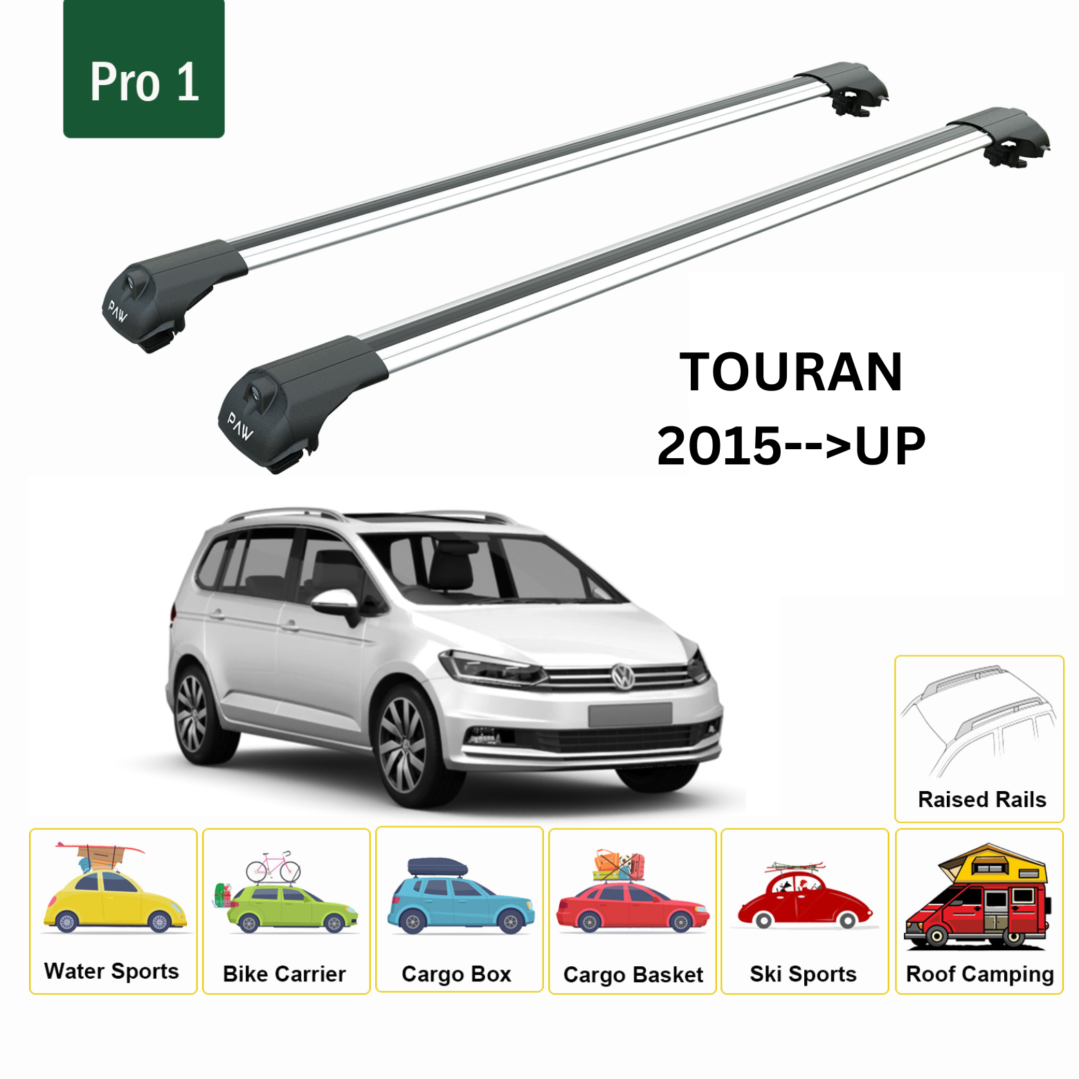 For Volkswagen Touran 2015--> Roof Rack System, Aluminium Cross Bar, Metal Bracket,Raised Rail, Silver