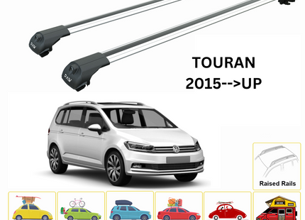 For Volkswagen Touran 2015--> Roof Rack System, Aluminium Cross Bar, Metal Bracket,Raised Rail, Silver