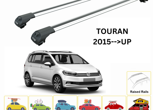 For Volkswagen Touran 2015--> Roof Rack System, Aluminium Cross Bar, Metal Bracket,Raised Rail, Silver