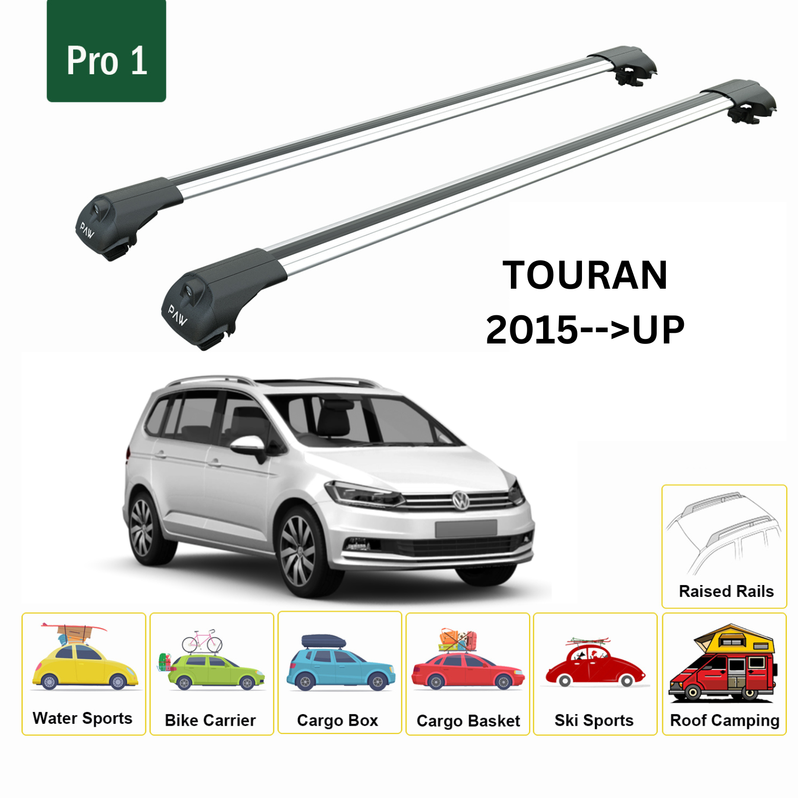 For Volkswagen Touran 2015--> Roof Rack System, Aluminium Cross Bar, Metal Bracket,Raised Rail, Silver - 0