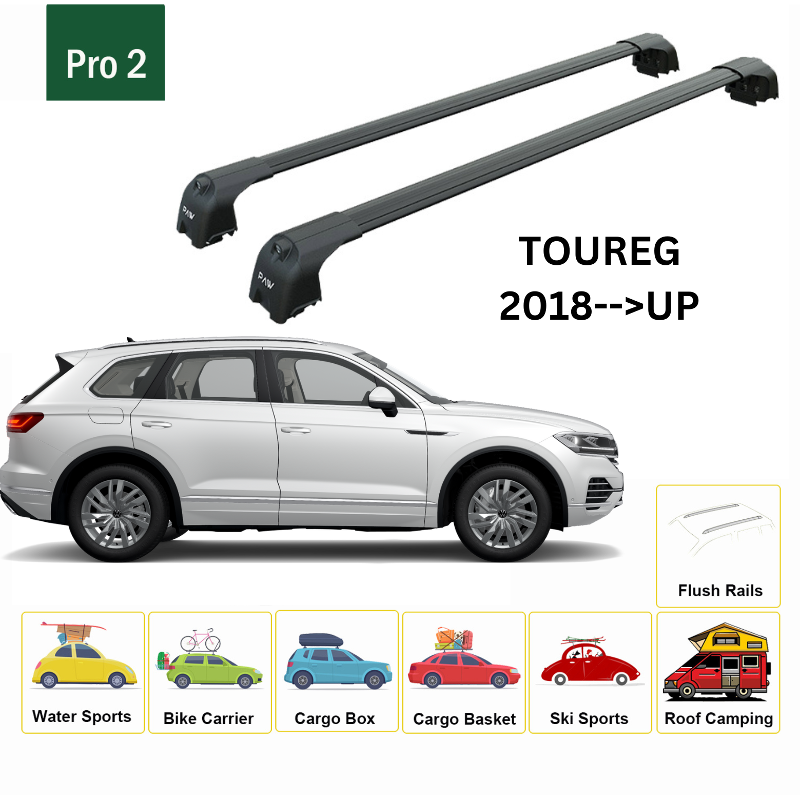 For Volkswagen Toureg 2018-->Up Roof Rack System, Aluminium Cross Bar, Metal Bracket, Flush Rail, Black