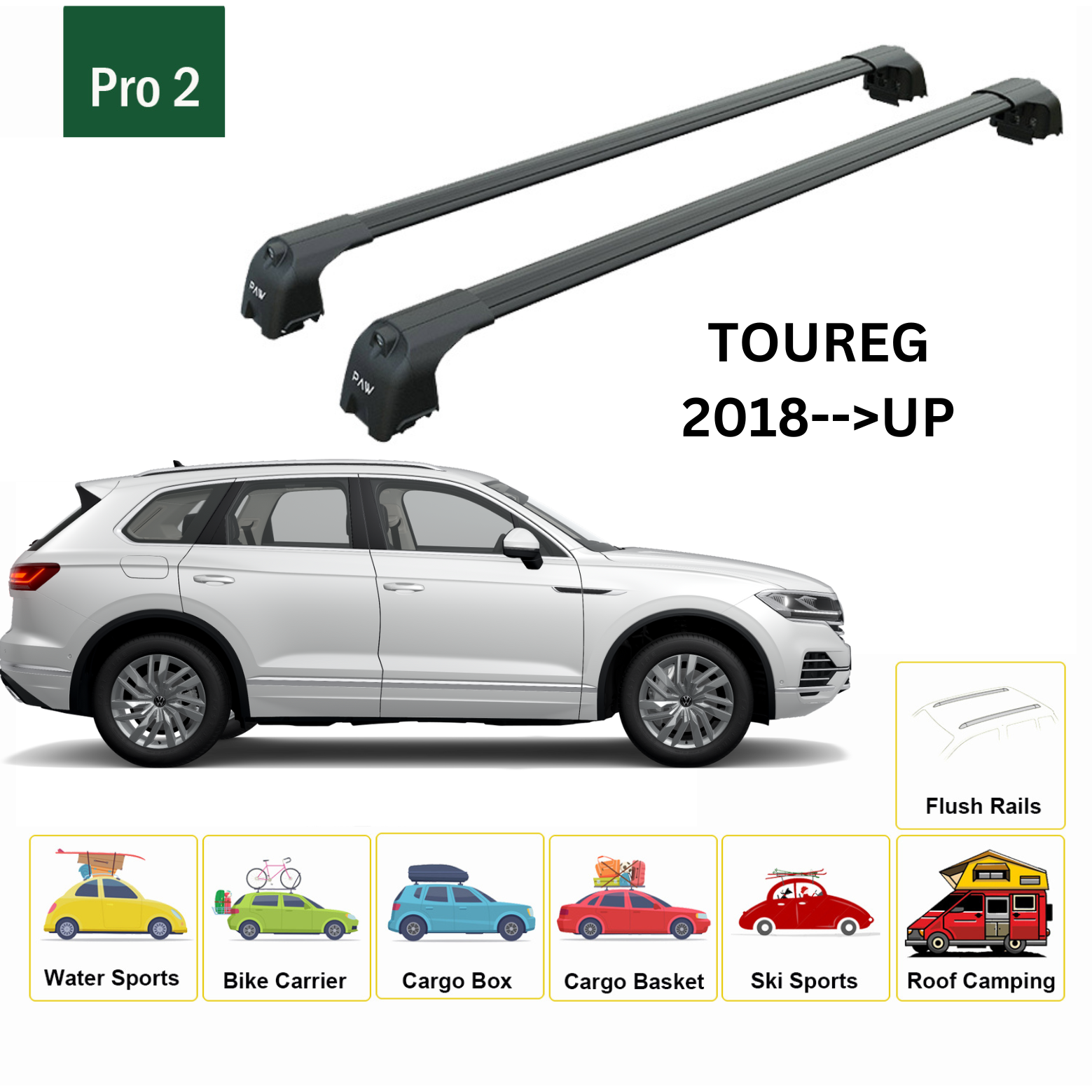 For Volkswagen Toureg 2018-->Up Roof Rack System, Aluminium Cross Bar, Metal Bracket, Flush Rail, Black - 0