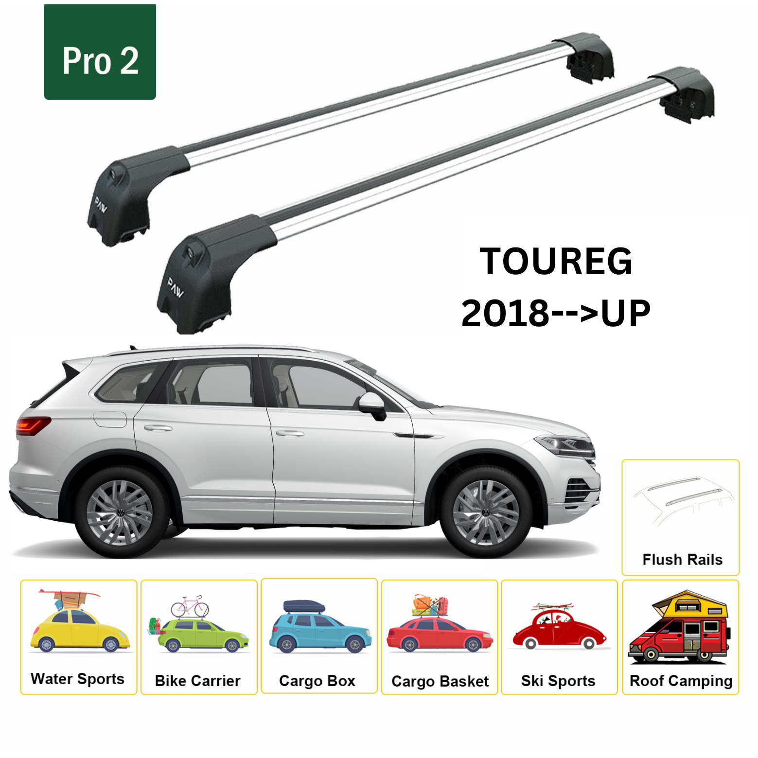For Volkswagen Toureg 2018-->Up Roof Rack System, Aluminium Cross Bar, Metal Bracket, Flush Rail, Silver