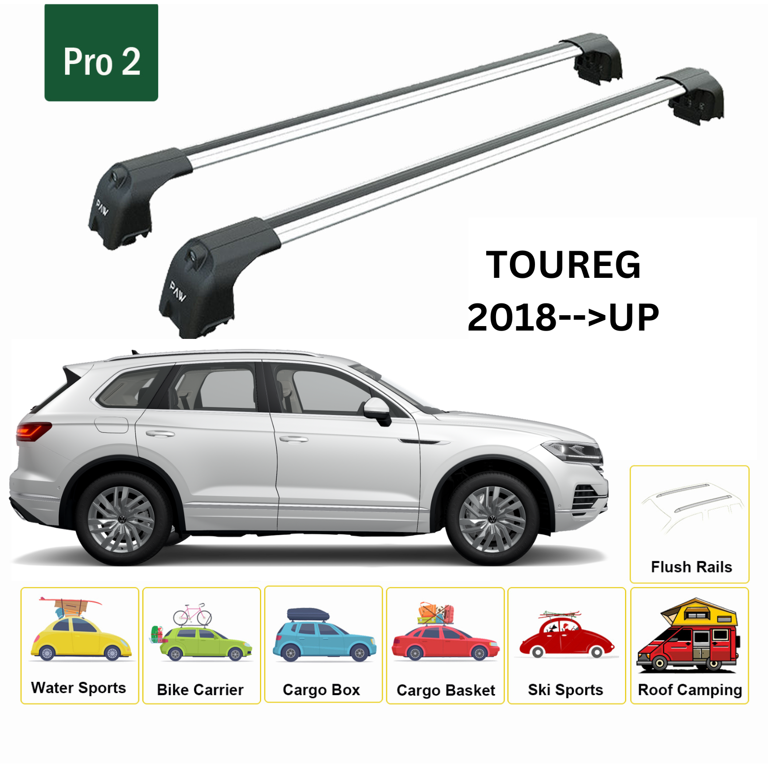 For Volkswagen Toureg 2018-->Up Roof Rack System, Aluminium Cross Bar, Metal Bracket, Flush Rail, Silver - 0