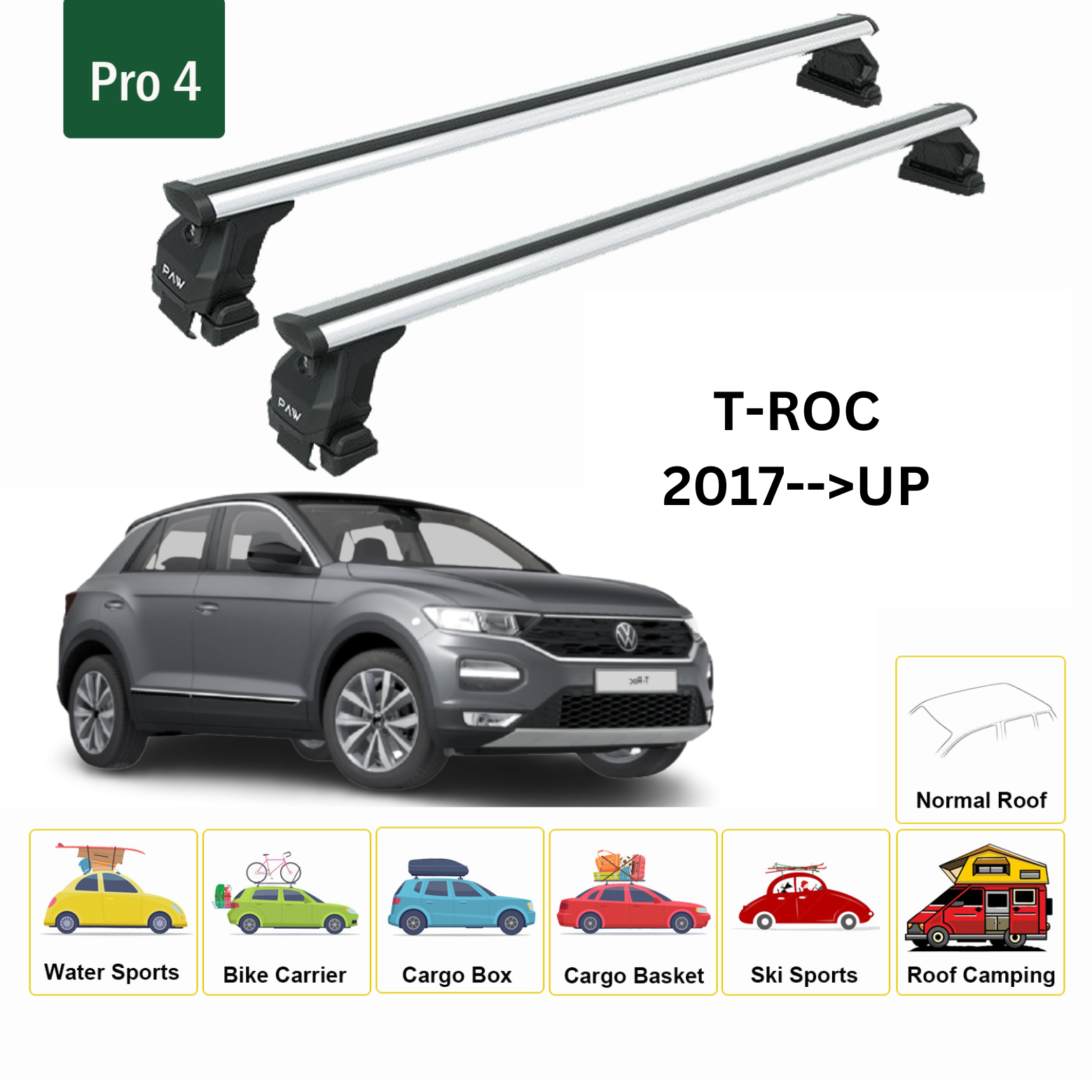 For Volkswagen T-Cross Roof Rack System, Aluminium Cross Bar Raised Rail, Black 2019- Up - 0