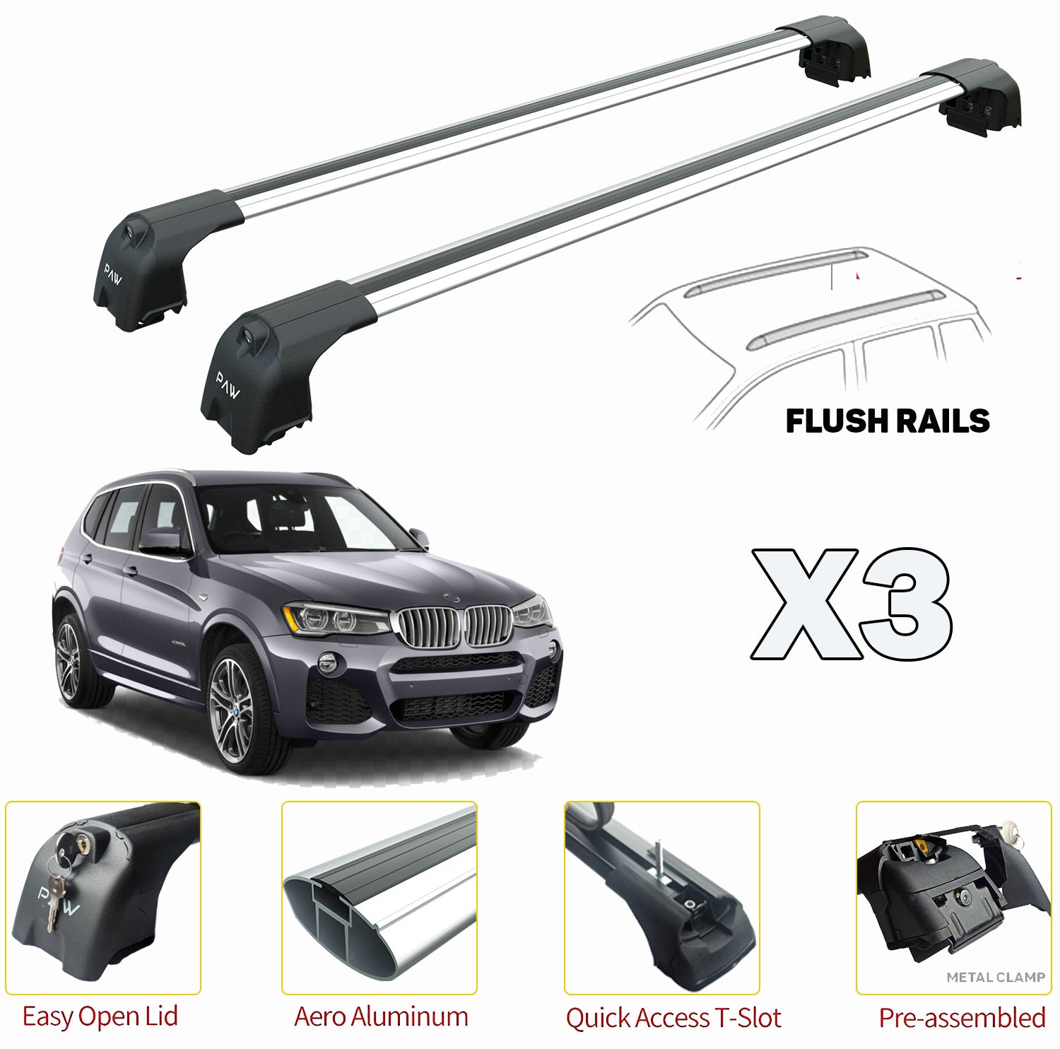 Compatible for Bmw X3 F25 5D Roof Rack Bars For Vehicles With Raised Roof Rails Silver (2011-2018)