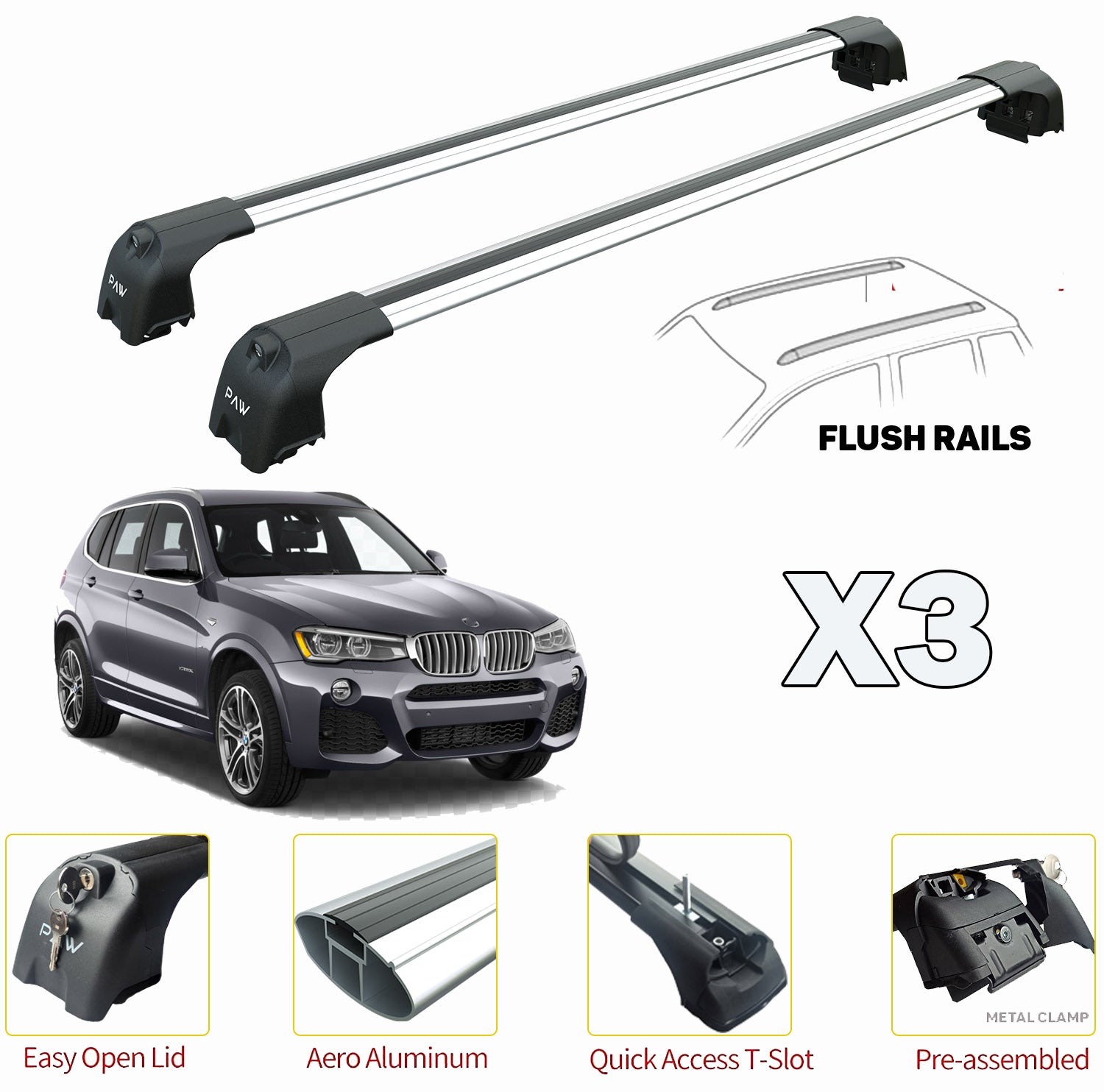 Compatible for Bmw X3 F25 5D Roof Rack Bars For Vehicles With Raised Roof Rails Silver (2011-2018) - 0