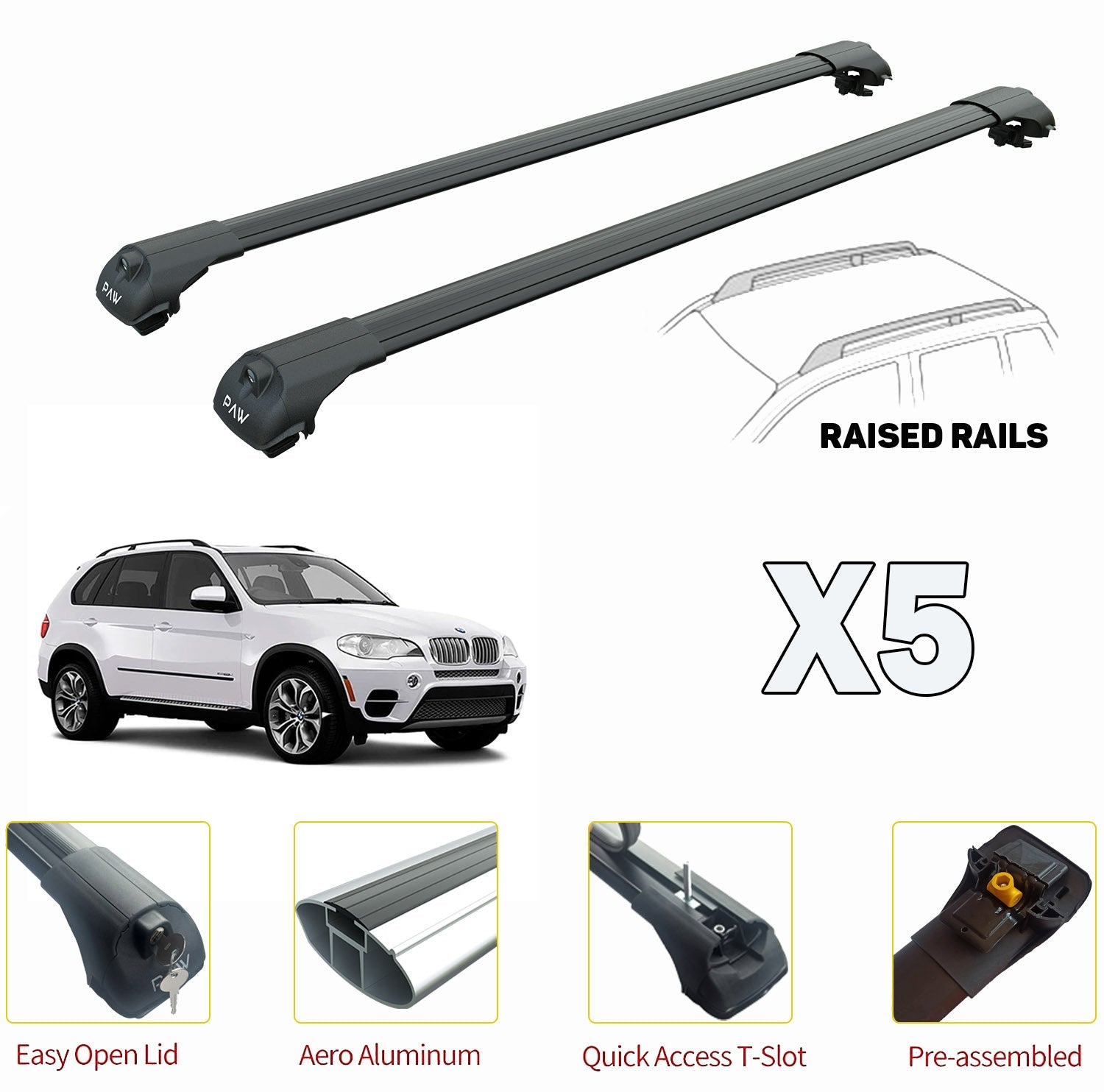 to fit BMW X5 E70 Roof Rack Bars For Vehicles With Raised Roof Rails Black