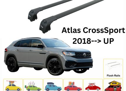 For Volkswagen Atlas CrossSport 2018--> Roof Rack System, Aluminium Cross Bar, Metal Bracket, Flush Rail, Black