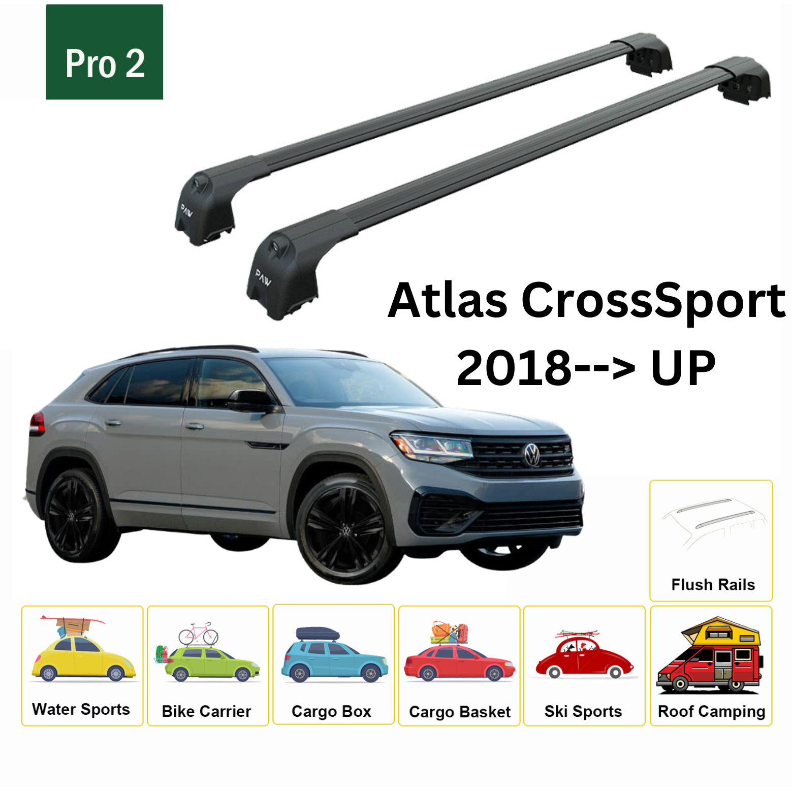 For Volkswagen Atlas CrossSport 2018--> Roof Rack System, Aluminium Cross Bar, Metal Bracket, Flush Rail, Black - 0