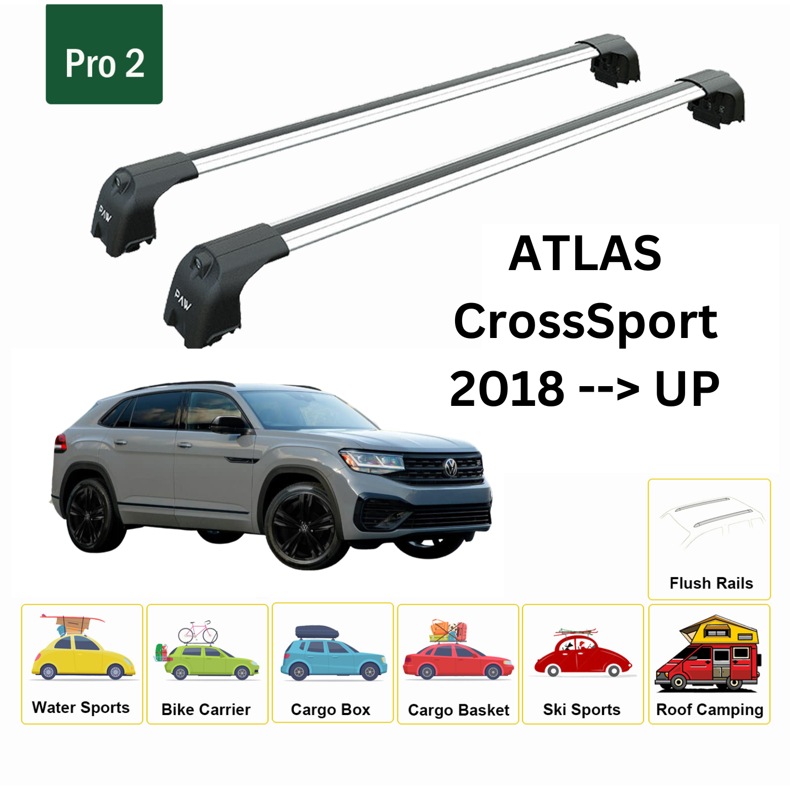For Volkswagen Atlas CrossSport 2018--> Roof Rack System, Aluminium Cross Bar, Metal Bracket, Flush Rail, Silver
