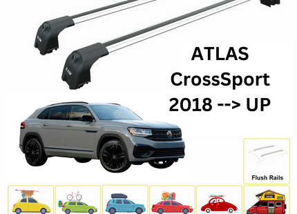 For Volkswagen Atlas CrossSport 2018--> Roof Rack System, Aluminium Cross Bar, Metal Bracket, Flush Rail, Silver