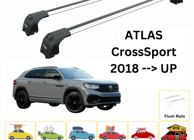 For Volkswagen Atlas CrossSport 2018--> Roof Rack System, Aluminium Cross Bar, Metal Bracket, Flush Rail, Silver