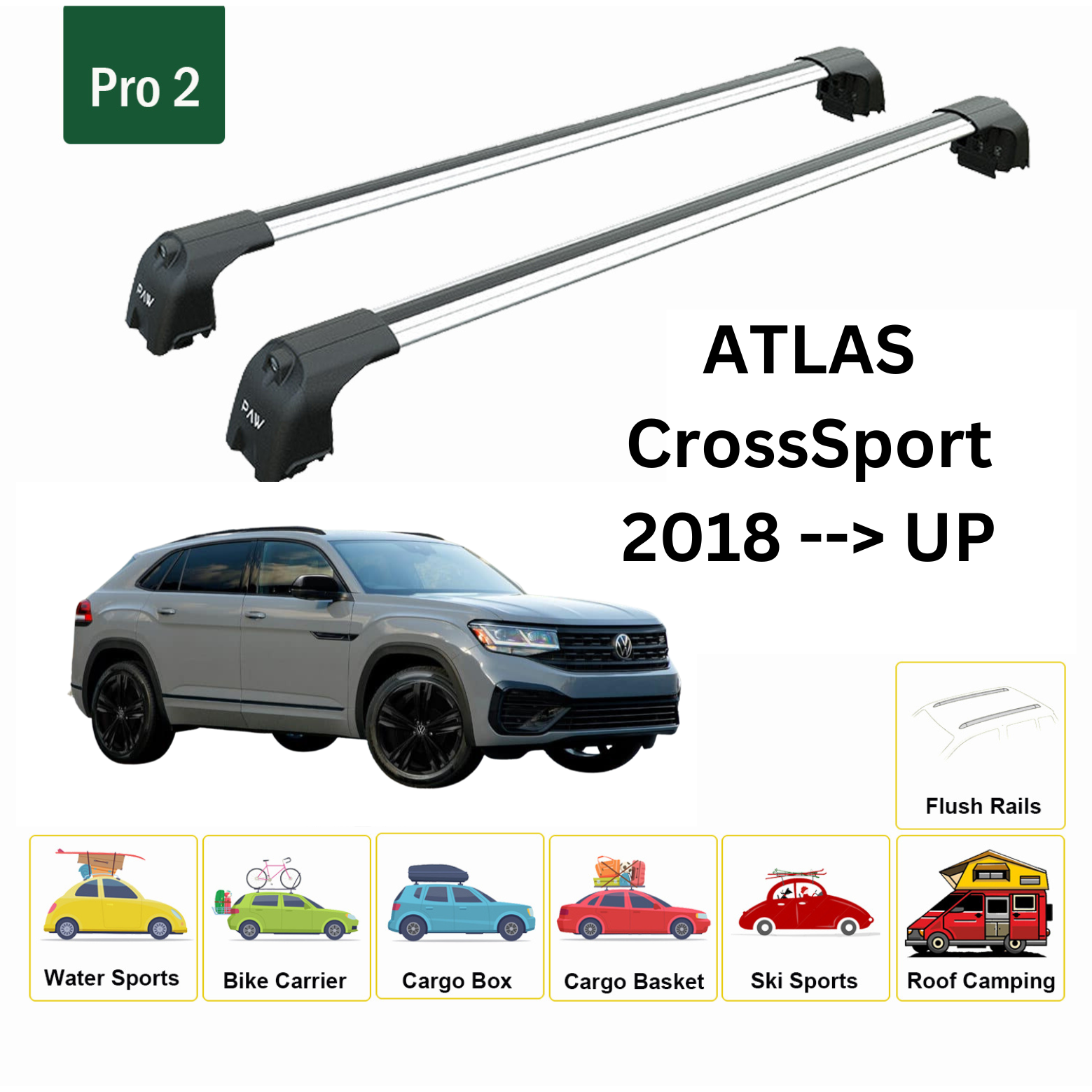 For Volkswagen Atlas CrossSport 2018--> Roof Rack System, Aluminium Cross Bar, Metal Bracket, Flush Rail, Silver - 0