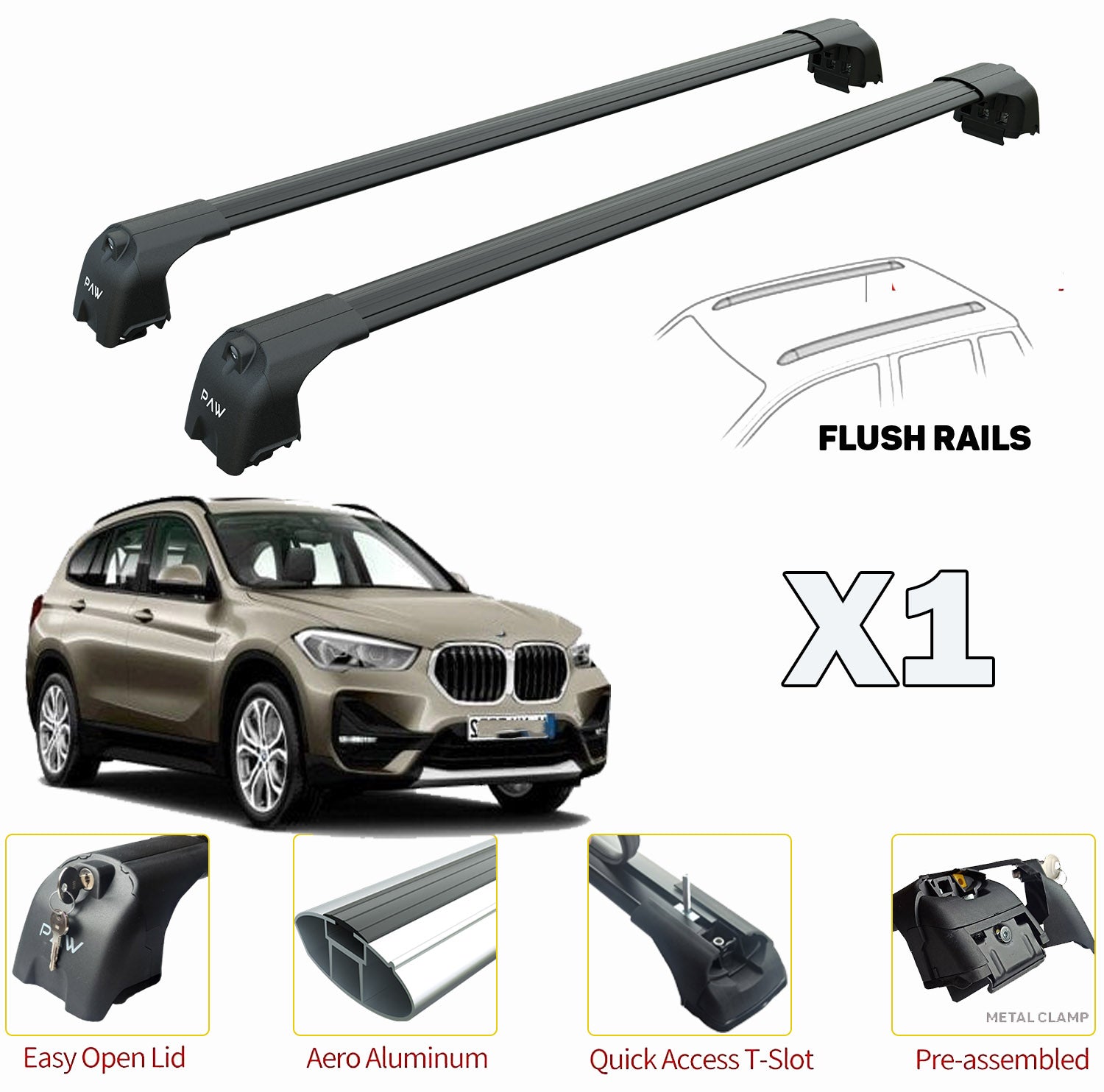 Bmw X1 F48 Roof Rack Cross Bars For of Flush Bars Black - 0