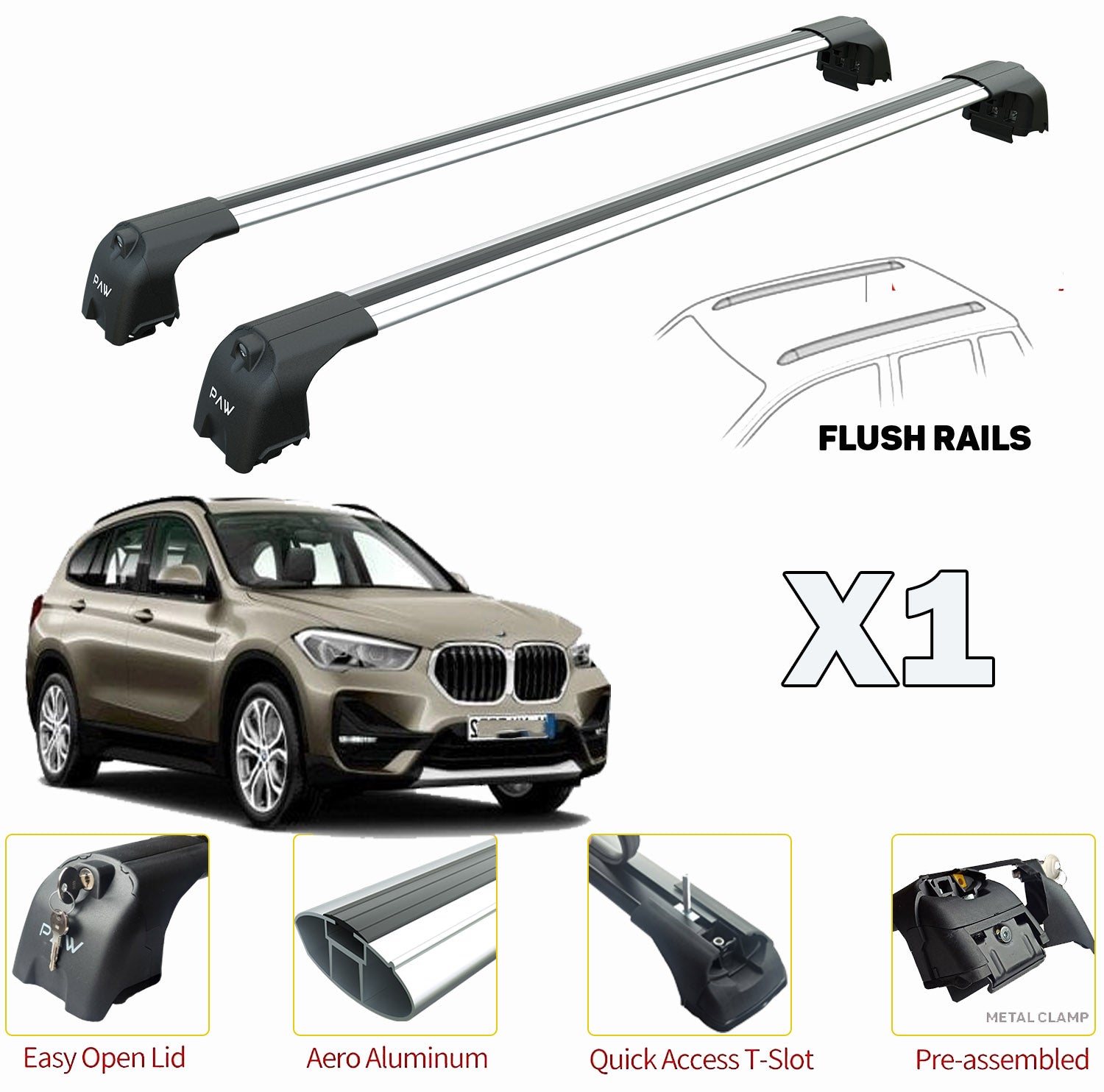 Bmw X1 F48 Roof Rack Cross Bars For of Flush Bars Silver - 0