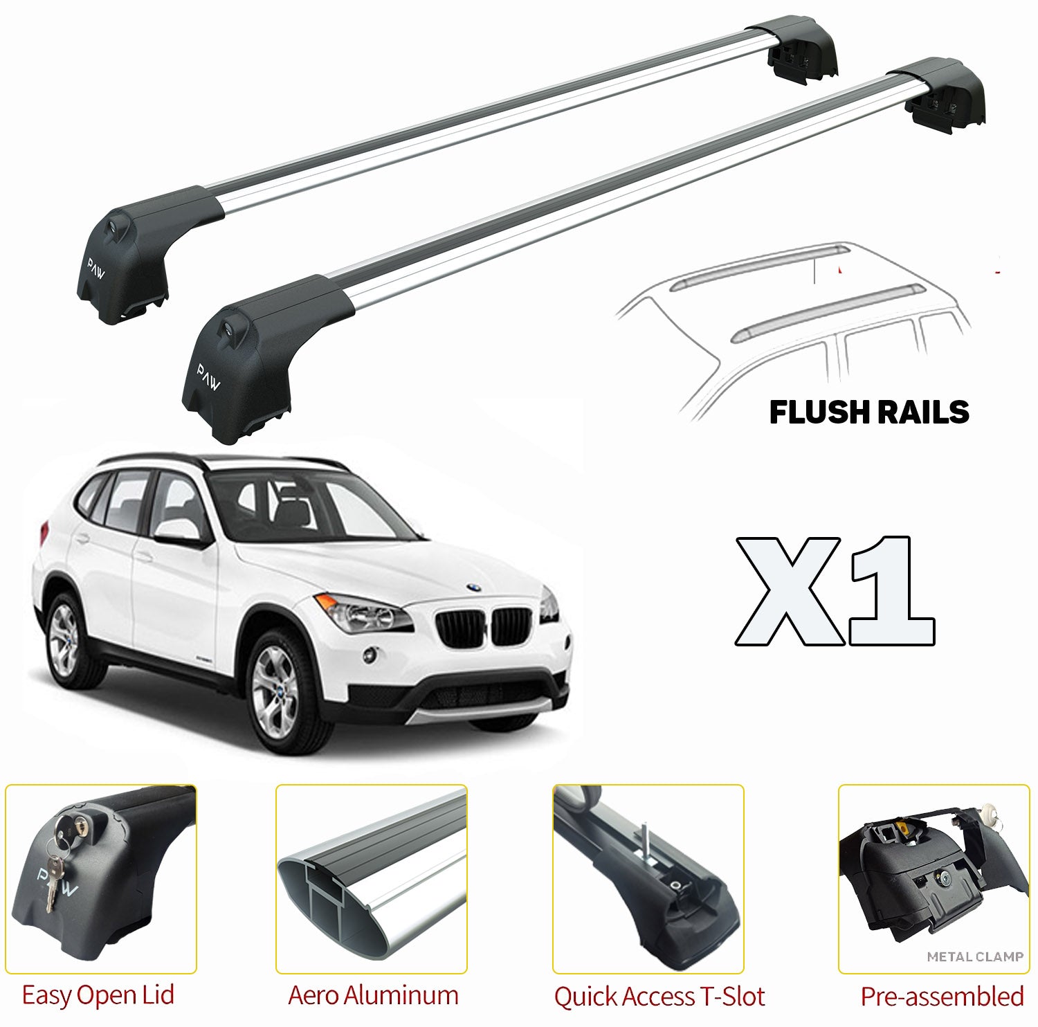 Bmw X1 E84 Roof Rack Cross Bars For of Flush Bars Silver - 0