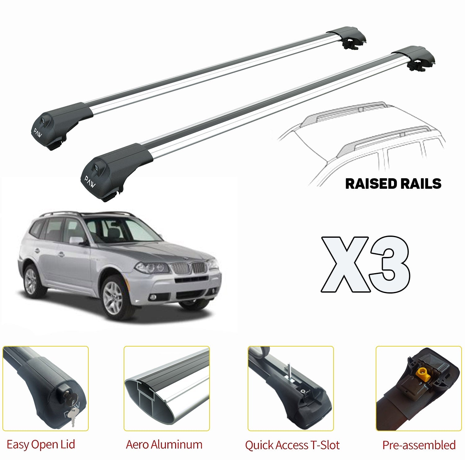 To fit Bmw X3 E83 Roof Rack Cross Bars For of Raised Rails Silver 2003-2011