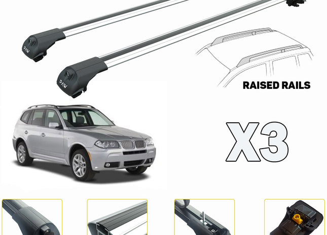 To fit Bmw X3 E83 Roof Rack Cross Bars For of Raised Rails Silver 2003-2011
