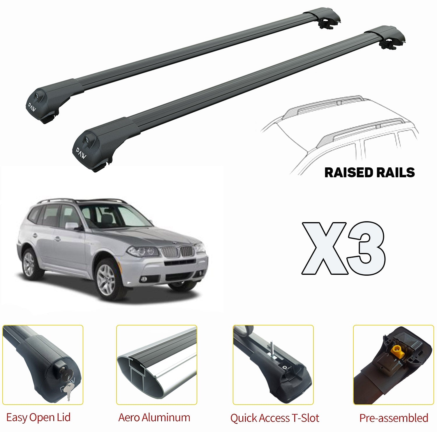to fit Bmw X3 E83 Roof Rack Cross Bars For of Raised Rails Black 2003-2011