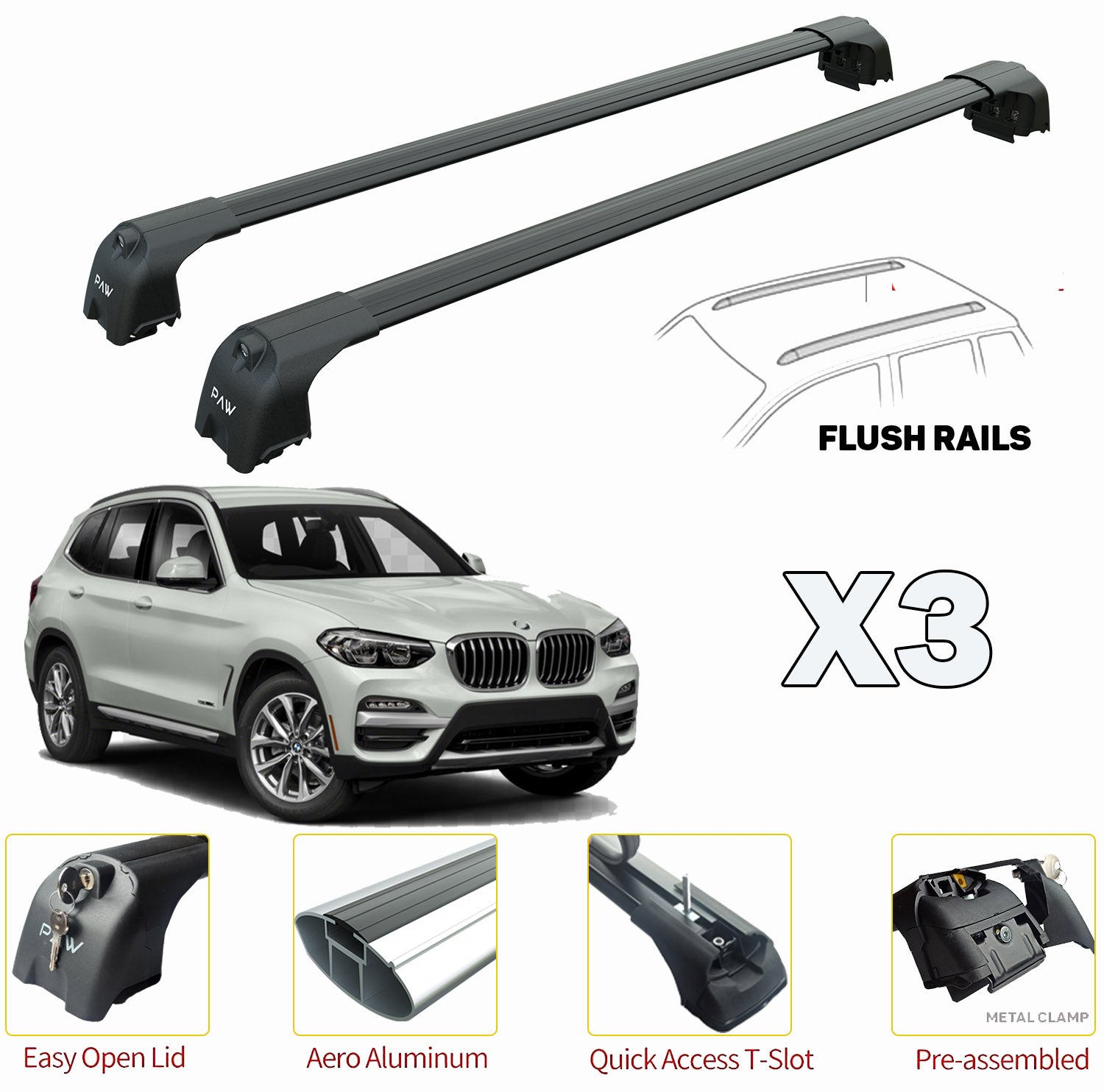 Compatible for Bmw X3 G01 Roof Rack Cross Bars For of Flush Bars Black 2018- Up - 0