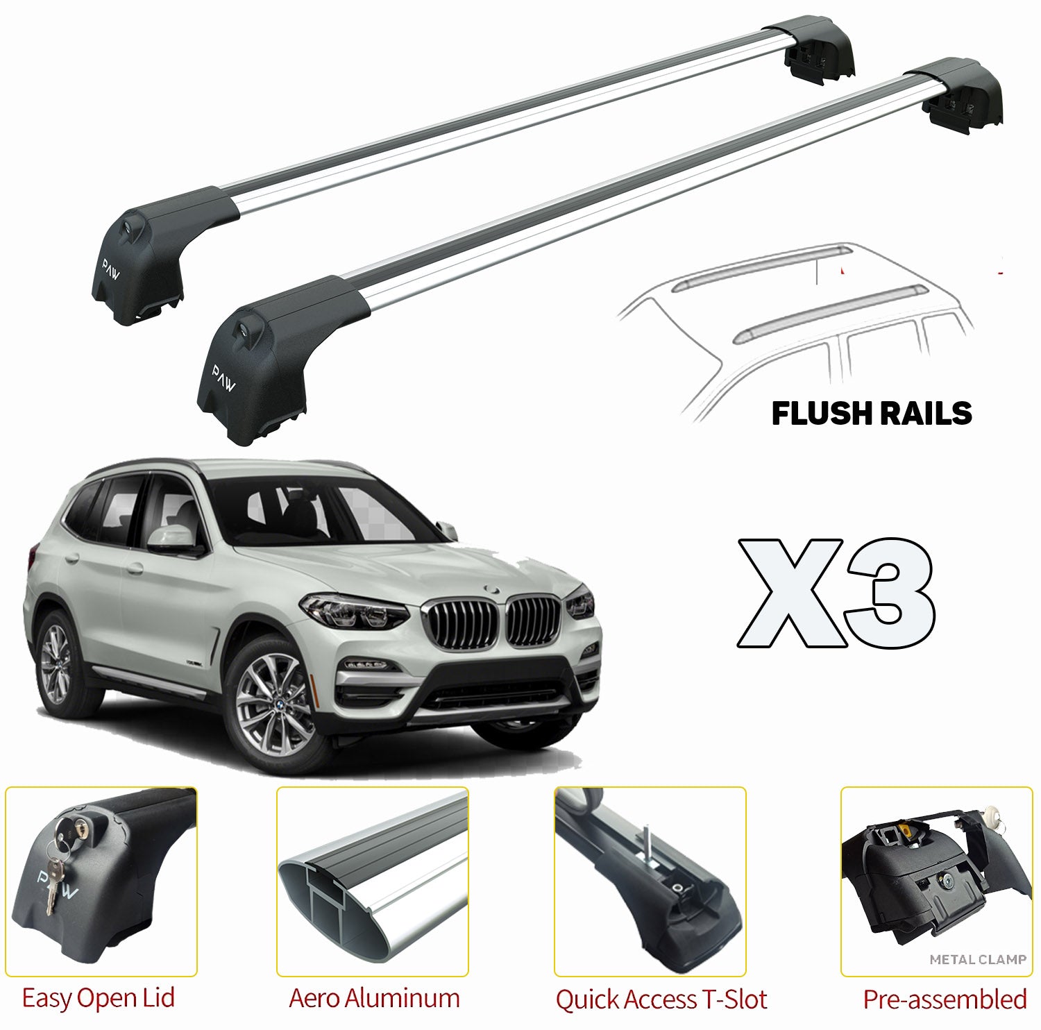 Compatible for Bmw X3 G01 Roof Rack Cross Bars For of Flush Bars Silver 2018- Up - 0