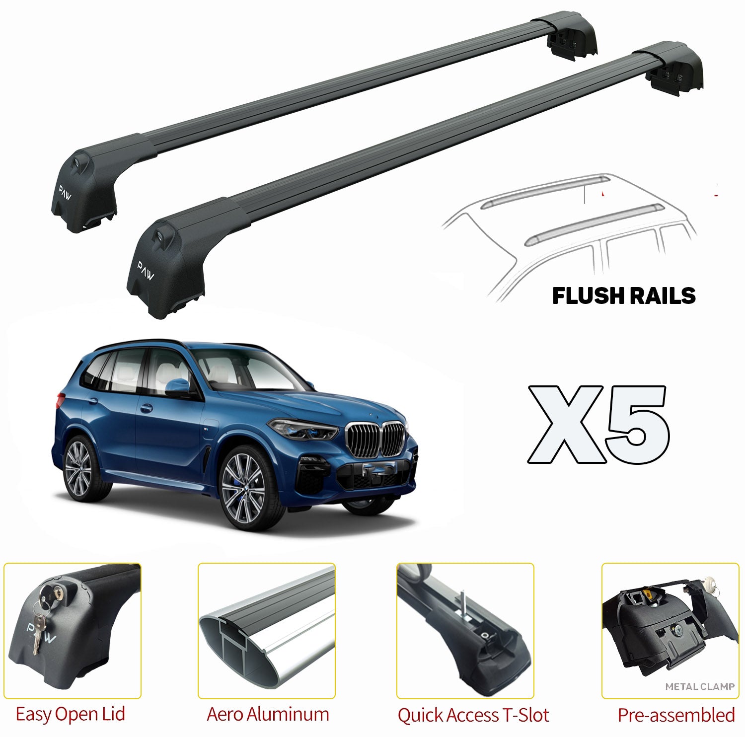 Bmw X5 Roof Rack Cross Bars For of Flush Bars 2018--> Black Color - 0