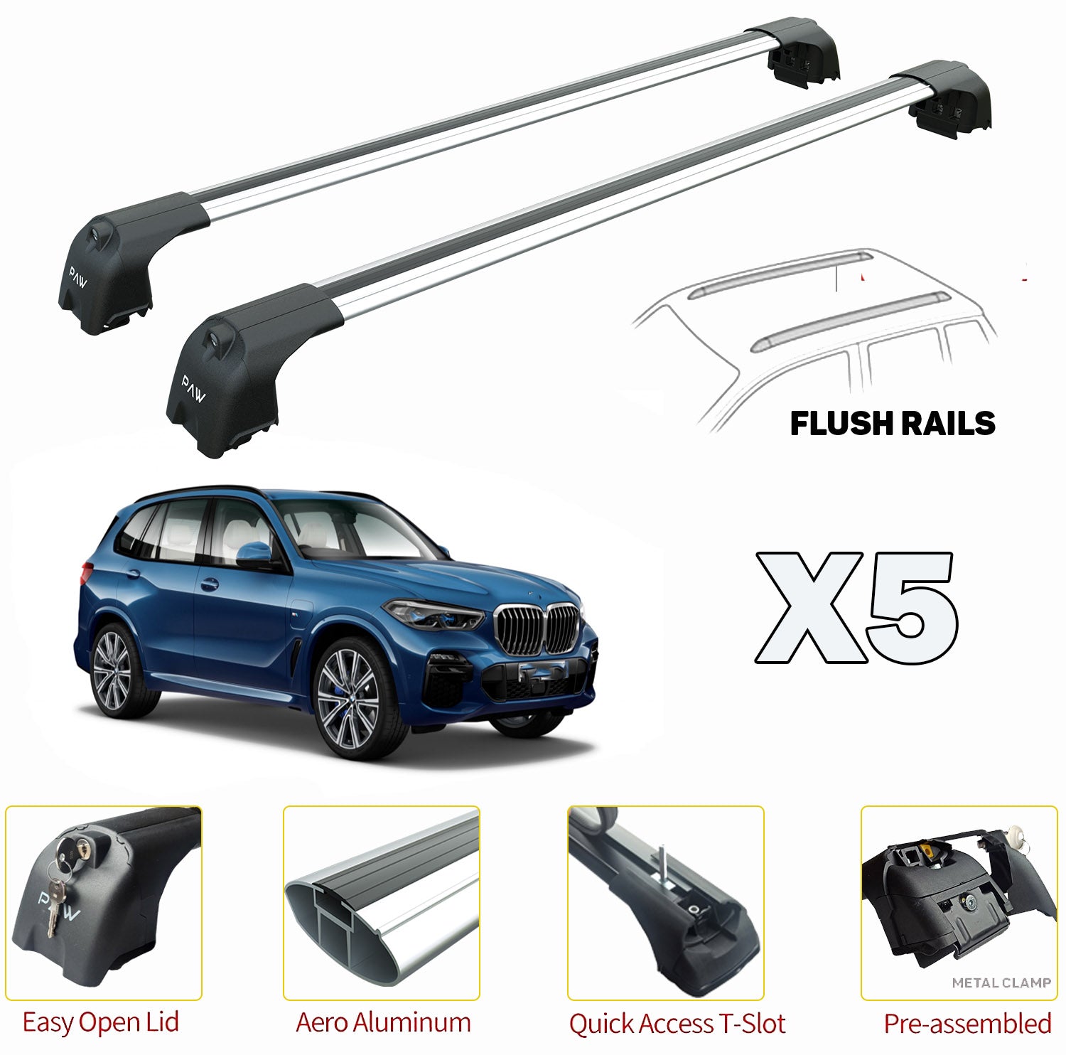 Bmw X5 Roof Rack Cross Bars For of Flush Bars 2018--> Silver - 0