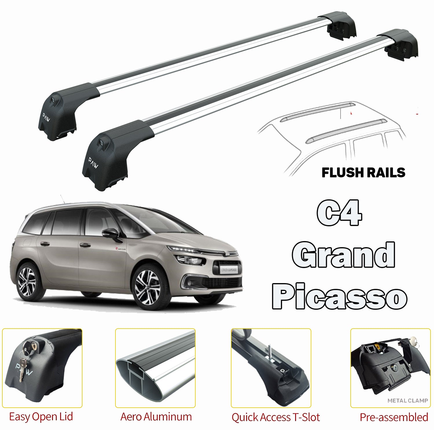 For Citroën C4 Grand Picasso Mpv Roof Rack Cross Bars Flush Roof Silver 2013- Up