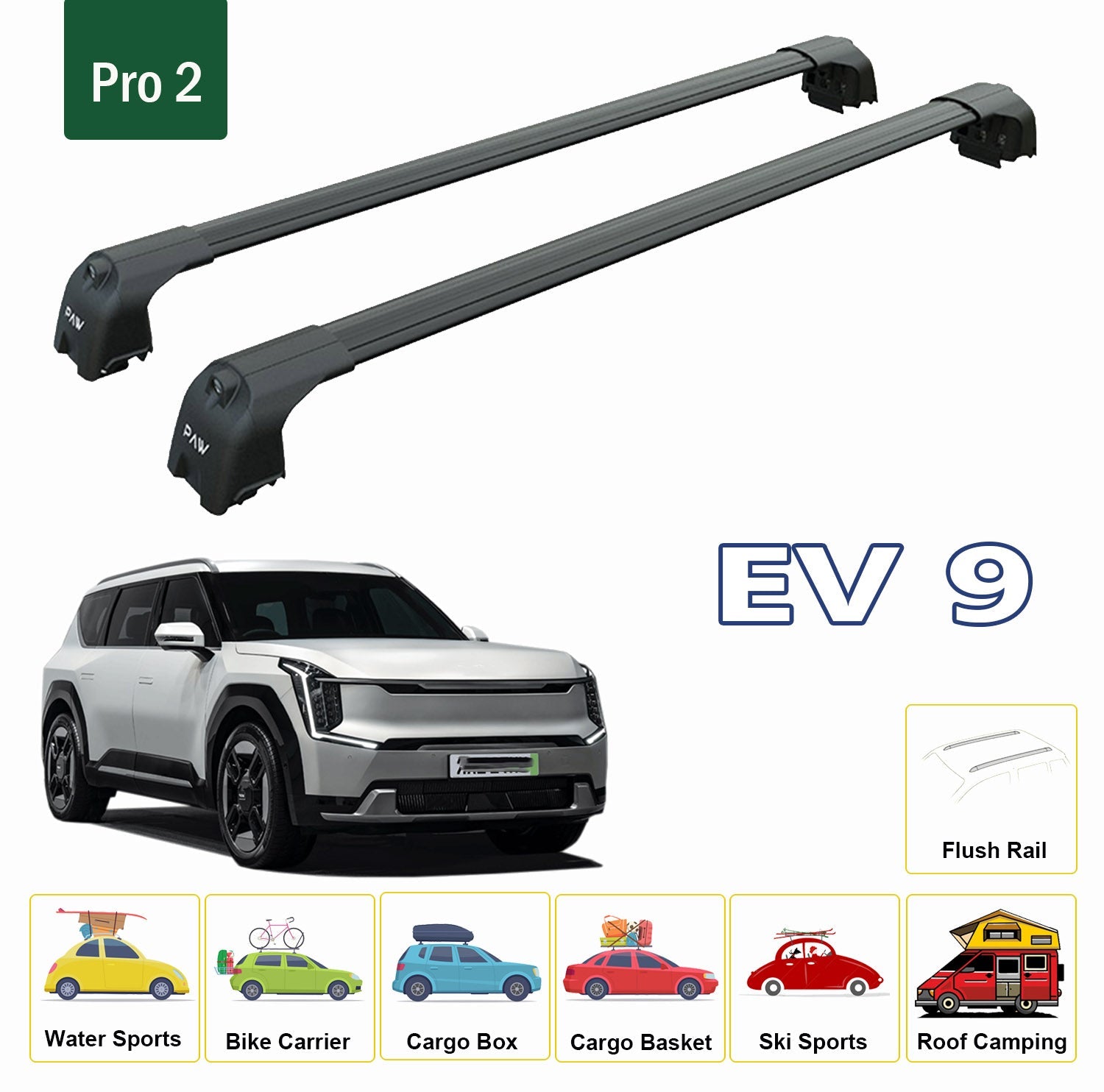 For Kia EV9 Roof Rack Cross Bars Metal Bracket Flush Rail Alu Black 2023-Up - 0