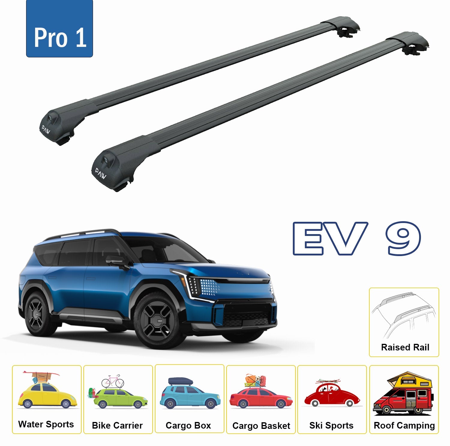 For Kia EV9 Roof Rack Cross Bars Metal Bracket Raised Rail Alu Black 2023-Up - 0