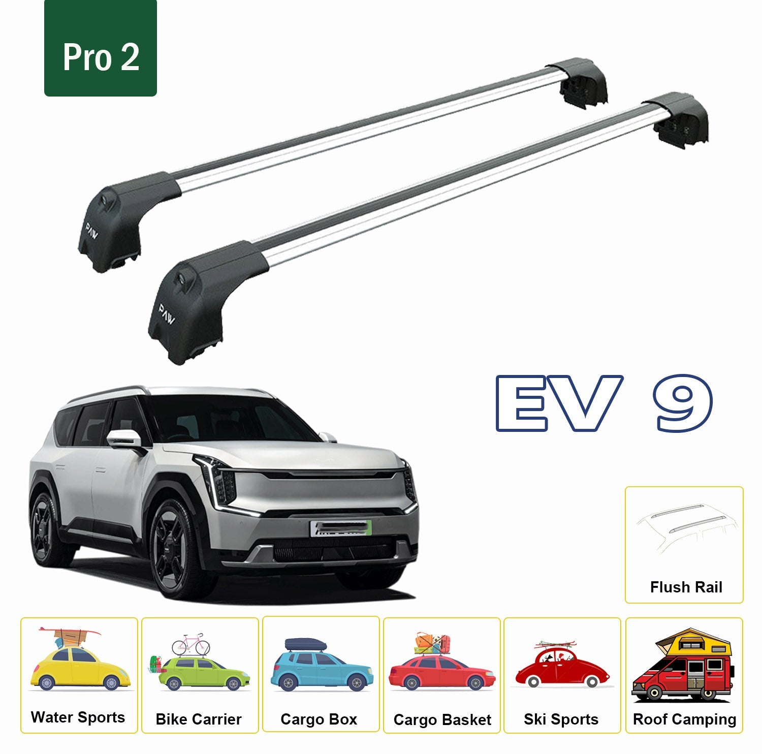 For Kia EV9 Roof Rack Cross Bars Metal Bracket Flush Rail Alu Silver 2023-Up - 0