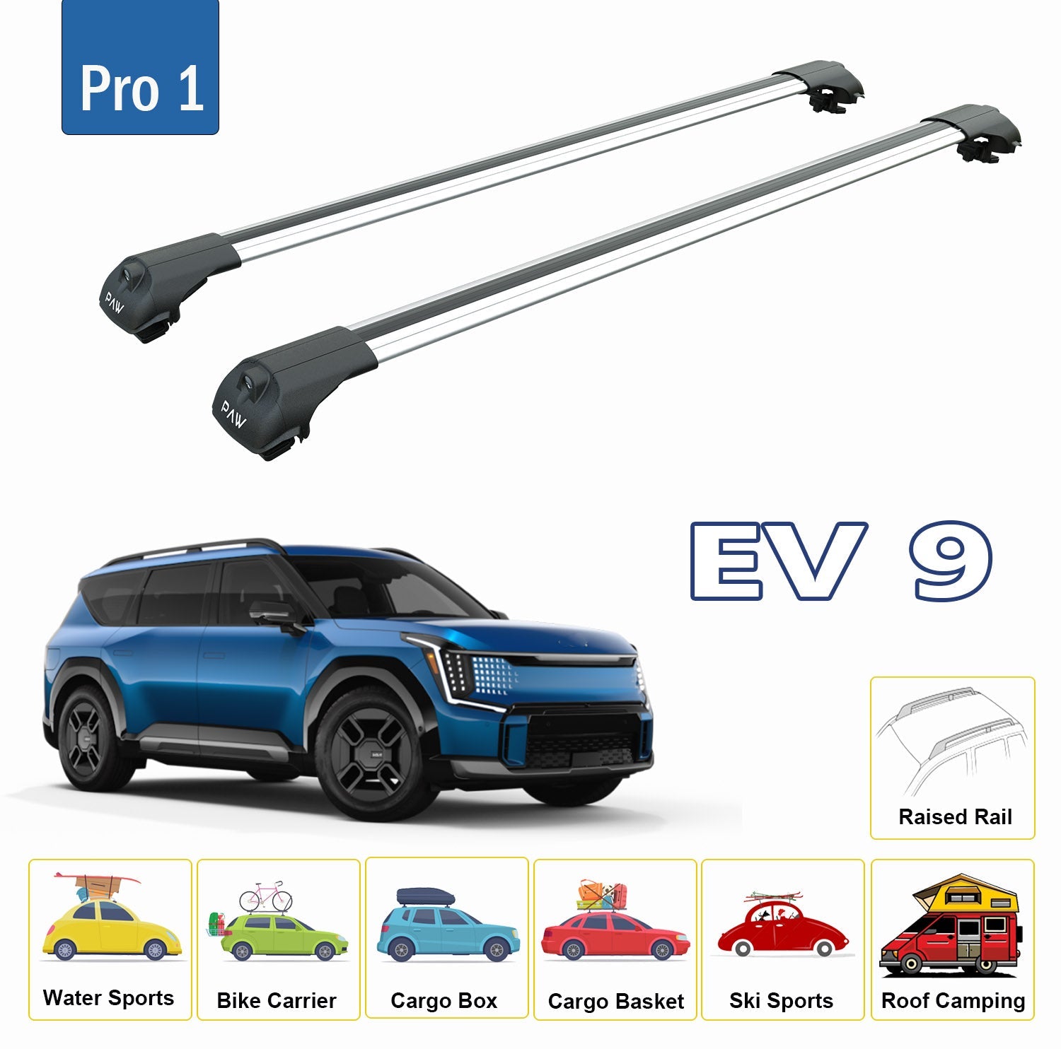 For Kia EV9 Roof Rack Cross Bars Metal Bracket Raised Rail Alu Silver 2023-Up - 0