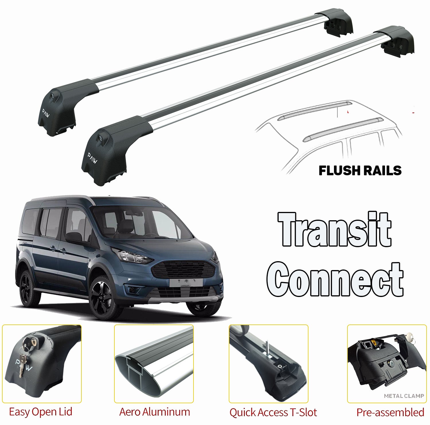 Compatible with Ford Transit Connect Cross Roof Rack Cross Bars Silver Flush