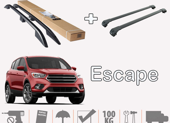 To Fit Ford Escape Roof Rails Cross Bar Black Color 2013-2017