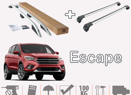 To Fit Ford Escape Roof Rails Cross Bar Full Silver Color Set 2013-2017