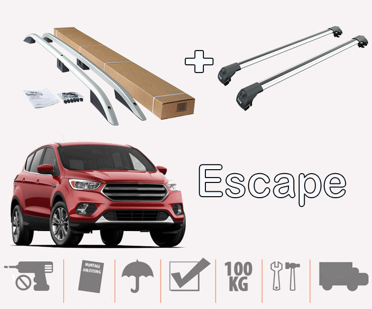 To Fit Ford Escape Roof Rails Cross Bar Full Silver Color Set 2013-2017