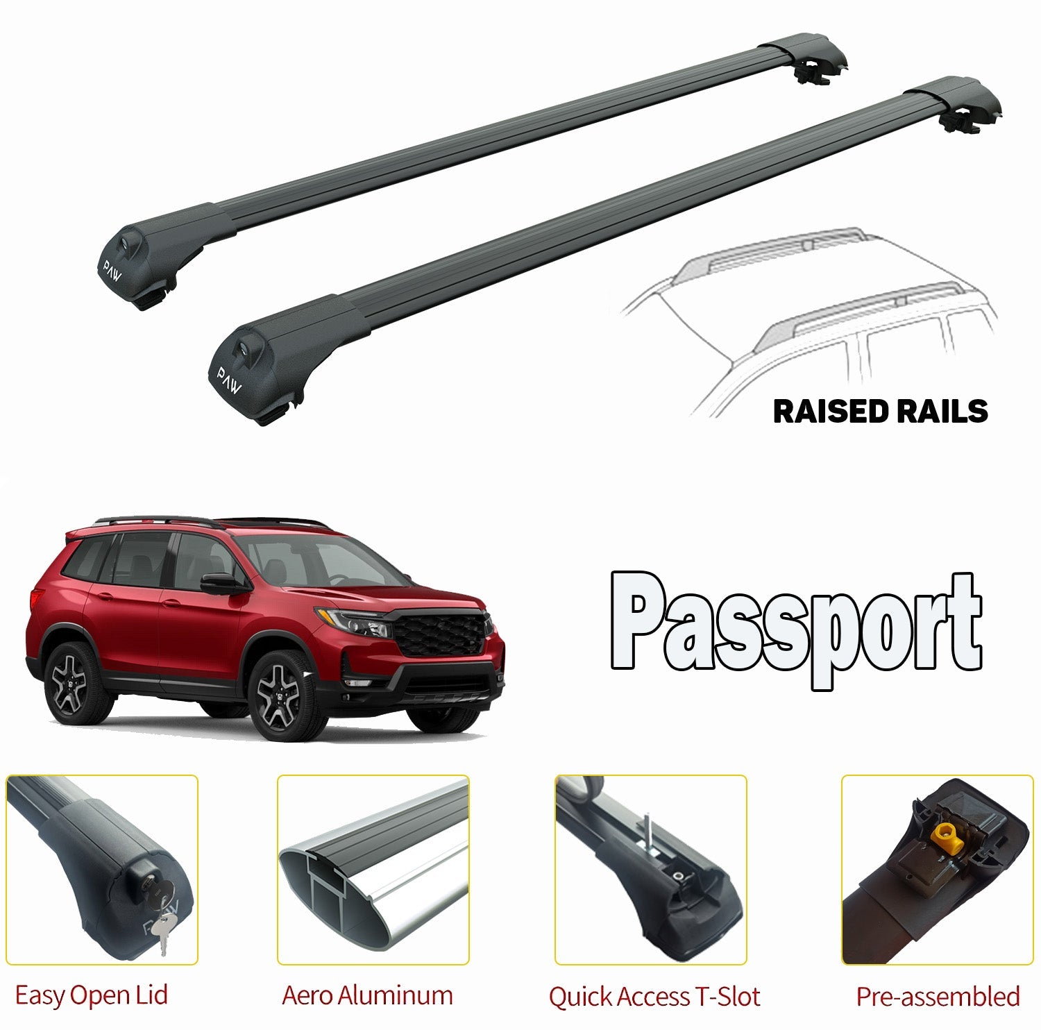 For Honda Passport Roof Rack Cross Bars For of Raised Rails Black 2019-->