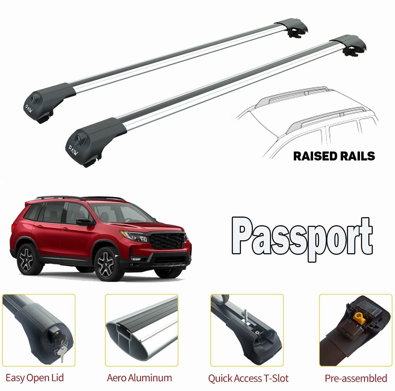 For Honda Passport Roof Rack Cross Bars For of Raised Rails Silver 2019-->