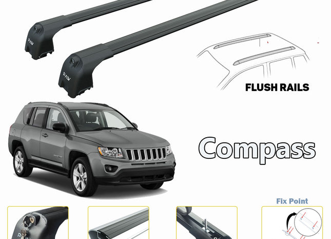 Jeep Compass Roof Rack-Crossbars Fits to for Flush Roof Rails Black Color 2011-2017