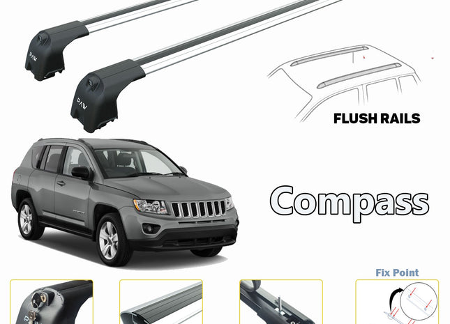 Jeep Compass Roof Rack-Crossbars Fits to for Flush Roof Rails Silver Color 2011-2017