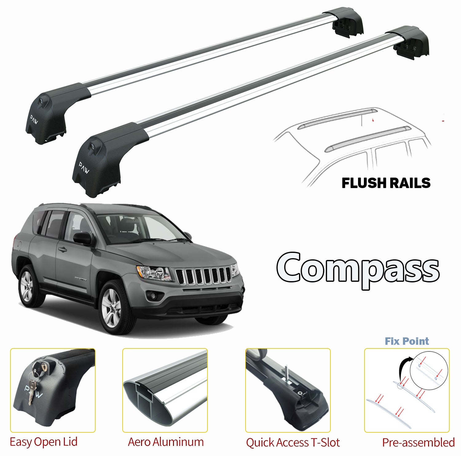 Jeep Compass Roof Rack-Crossbars Fits to for Flush Roof Rails Silver Color 2011-2017