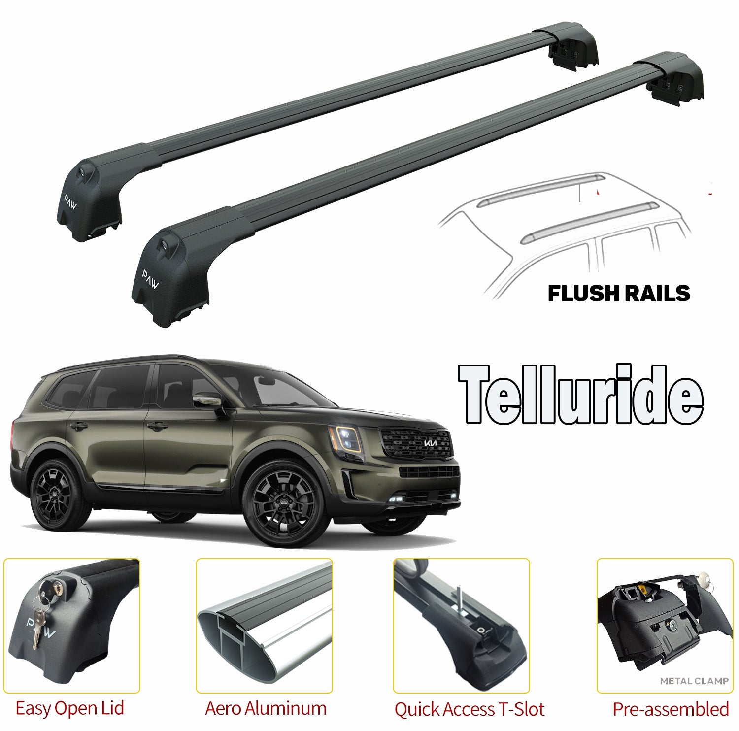 Kia Telluride Roof Rack-Crossbars Fits to for Flush Roof Rails Black Color