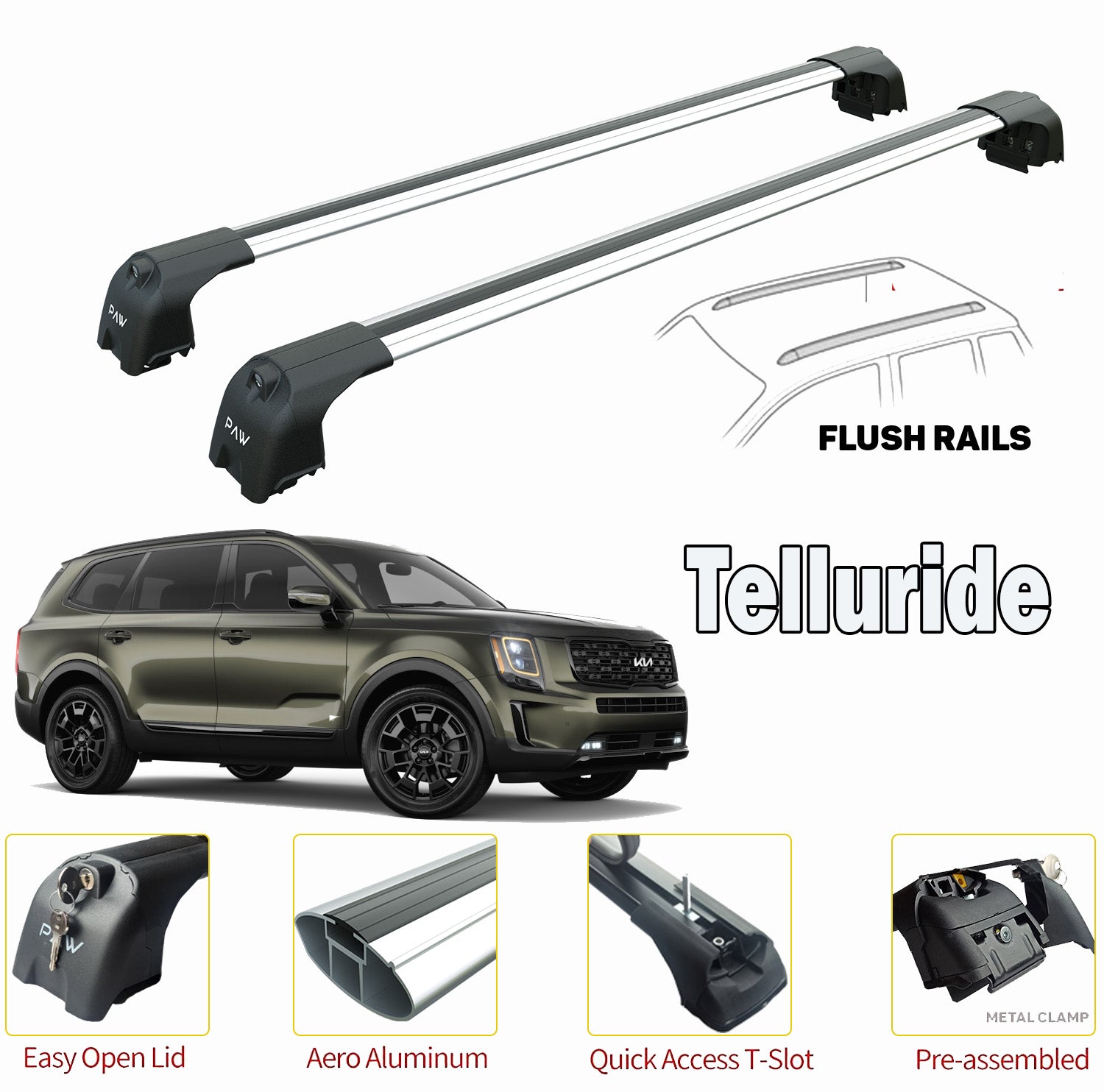 Kia Telluride Roof Rack-Crossbars Fits to for Flush Roof Rails Silver Color