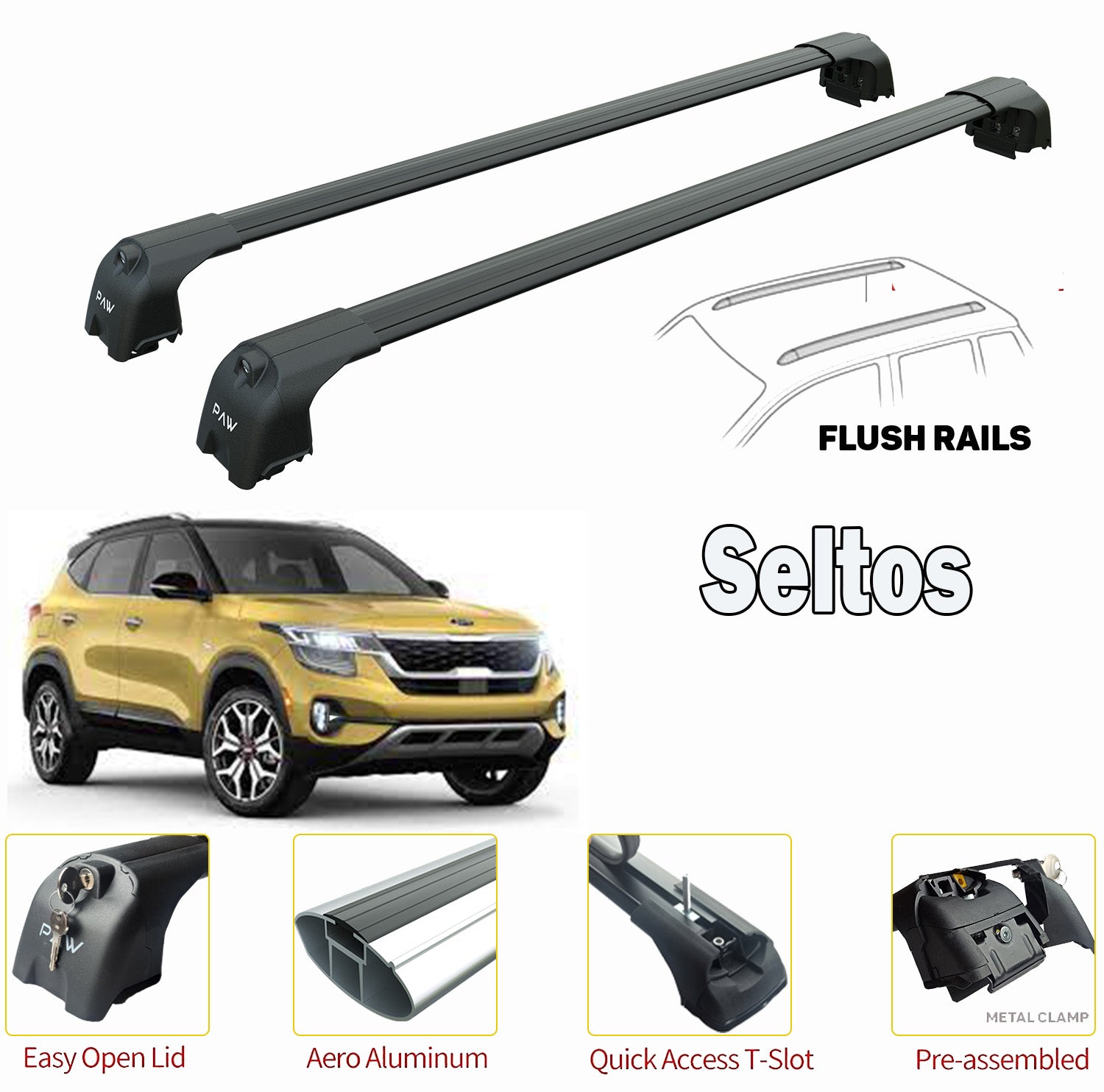 Kia Seltos Roof Rack-Crossbars Fits to for Flush Roof Rails (Fix Point) Black Color